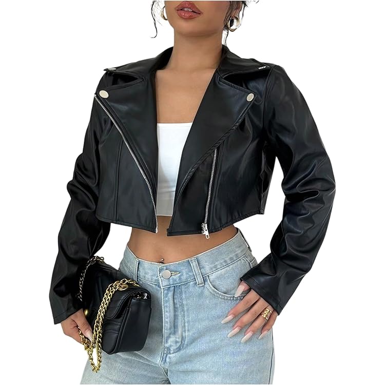 MakeMeChic Women's Y2K Faux Leather Jacket Zip Up Crop Top Long